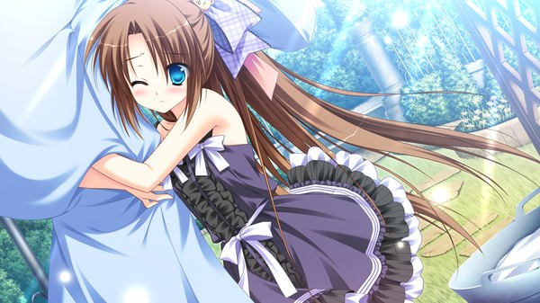 Anime picture 1280x720 with diamic days lump of sugar himenogawa kanaka sesena yau long hair blue eyes brown hair wide image game cg ponytail girl dress