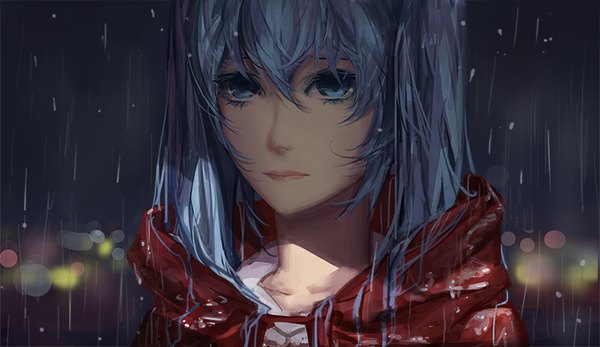 Anime picture 803x465 with vocaloid hatsune miku g q single long hair looking at viewer fringe blue eyes wide image twintails blue hair outdoors lips night alternate costume close-up rain girl