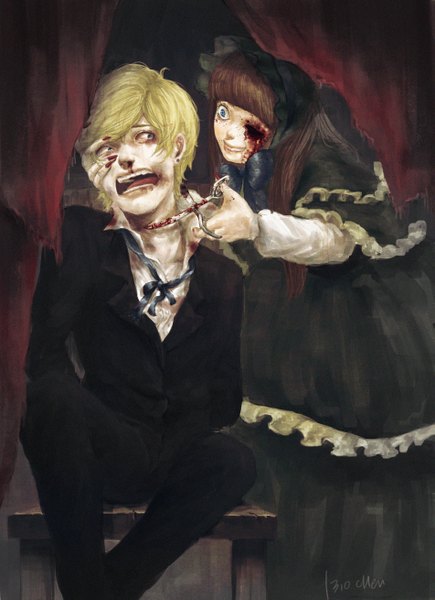 Anime picture 1901x2619 with original chen (artist) long hair tall image fringe highres short hair open mouth blue eyes blonde hair smile brown hair sitting signed nail polish open collar hand on face scared nosebleed horror
