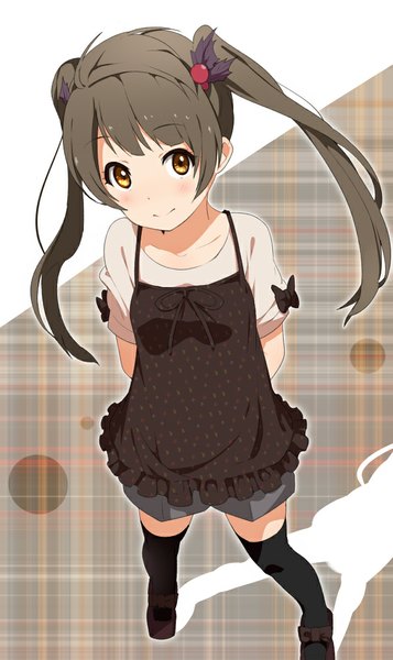 Anime picture 596x1000 with love live! school idol project sunrise (studio) love live! minami kotori ogipote single long hair tall image looking at viewer blush smile brown hair twintails brown eyes girl thighhighs dress bow black thighhighs shorts