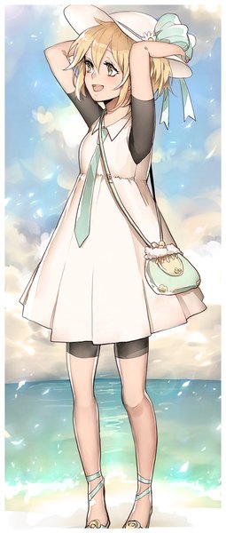 Anime picture 600x1409 with ayatoki-1 tall image fringe short hair open mouth blonde hair standing holding brown eyes looking away from below happy glow girl hat water necktie sea bag