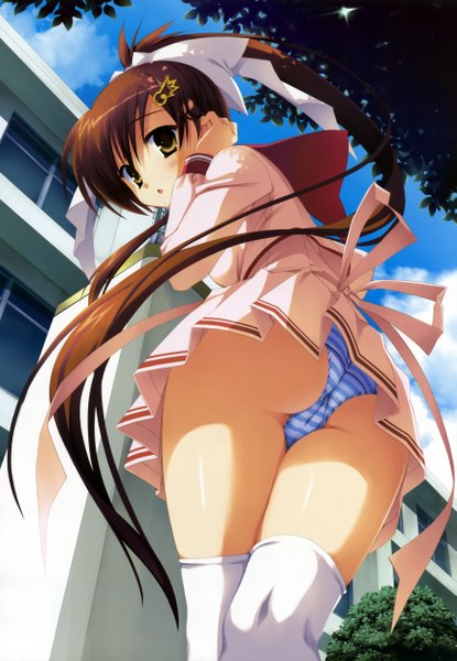Anime picture 3475x5020 with tenshinranman yamabuki aoi kobuichi single long hair tall image looking at viewer blush fringe highres light erotic brown hair standing yellow eyes absurdres cloud (clouds) ponytail pleated skirt looking back shadow