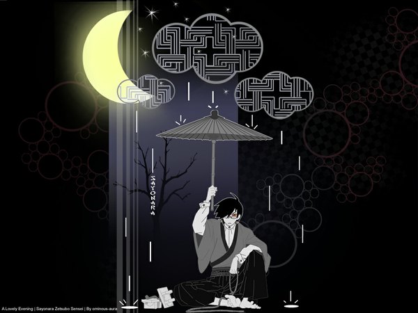 Anime picture 1024x768 with sayonara zetsubou sensei shaft (studio) itoshiki nozomu japanese clothes rain kimono moon umbrella