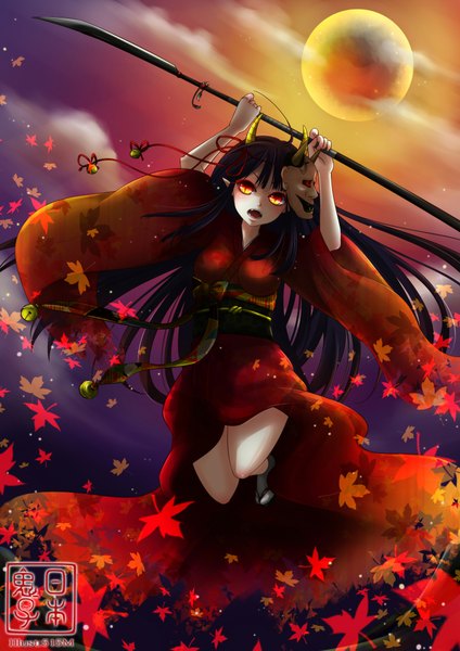 Anime picture 1488x2104 with original 515m (artist) single long hair tall image open mouth black hair red eyes japanese clothes horn (horns) demon girl jumping oni horns mask on head girl weapon kimono leaf (leaves) moon mask