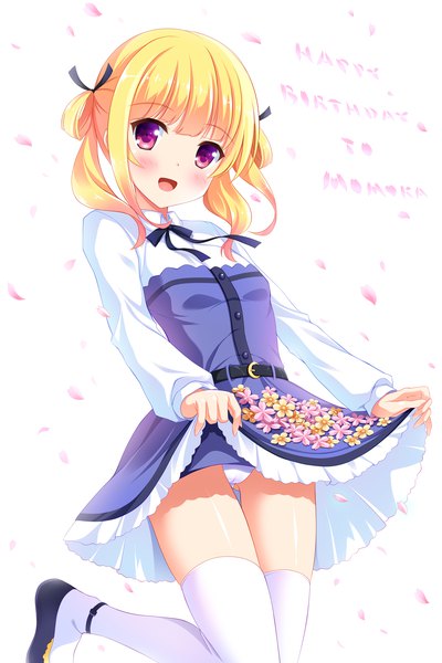 Anime picture 1200x1800 with girlish number kugayama yae bashen chenyue single long hair tall image looking at viewer blush fringe open mouth light erotic blonde hair purple eyes twintails pantyshot dress lift happy birthday hair rings girl thighhighs