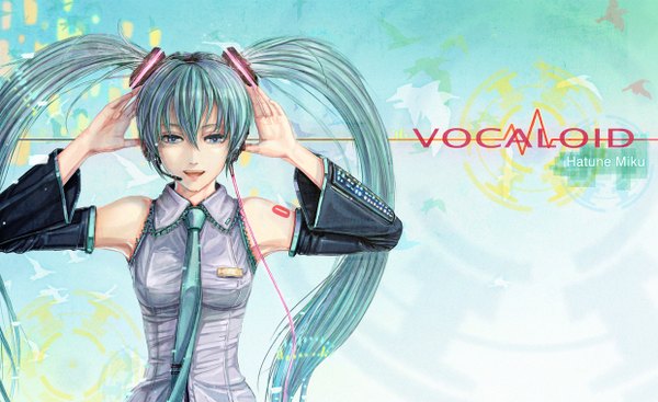 Anime picture 1240x760 with vocaloid hatsune miku hwansang single long hair wide image twintails bare shoulders aqua eyes aqua hair inscription girl detached sleeves necktie