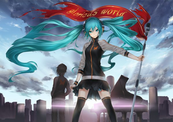 Anime picture 1000x707 with vocaloid hatsune miku 2d (artist) long hair blush short hair black hair smile twintails sky cloud (clouds) aqua eyes from behind sunlight aqua hair city hands in pockets torn flag girl thighhighs
