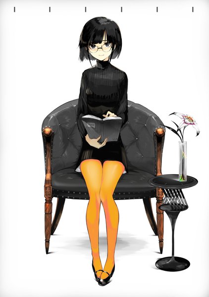 Anime picture 1500x2131 with original yumeko (tokiti) single tall image looking at viewer fringe short hair black hair simple background white background sitting payot full body light smile black eyes shadow knees touching girl dress flower (flowers)