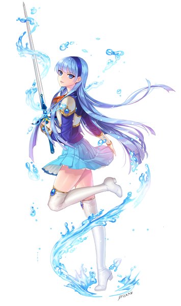 Anime picture 1000x1687 with magic knight rayearth clamp ryuuzaki umi briska single long hair tall image looking at viewer blue eyes white background blue hair girl dress weapon sword water hairband thigh boots