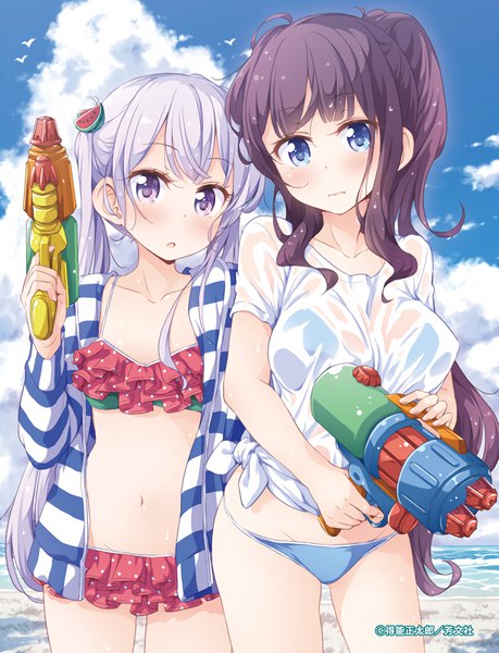 Anime picture 1066x1392 with new game! doga kobo suzukaze aoba takimoto hifumi tokunou shoutarou long hair tall image looking at viewer breasts blue eyes light erotic large breasts purple eyes twintails multiple girls sky silver hair purple hair cloud (clouds) ponytail