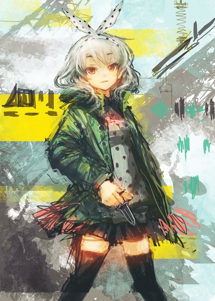Anime picture 1000x1398 with original lm7 (op-center) single tall image short hair red eyes white hair open clothes open jacket girl thighhighs skirt black thighhighs miniskirt hairband knife