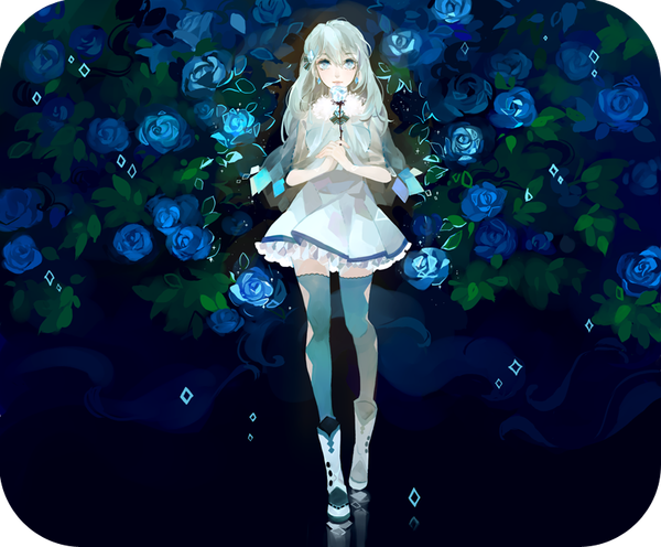 Anime picture 800x662 with pokemon nintendo glaceon kaytseki single long hair fringe blue eyes smile standing blue hair reflection gen 4 pokemon girl thighhighs dress hair ornament flower (flowers) earrings boots