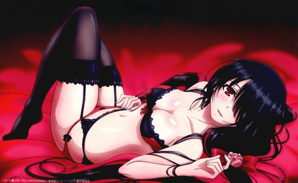 Anime picture 2156x1330 with date a live tokisaki kurumi single long hair looking at viewer blush fringe highres breasts light erotic black hair red eyes wide image bent knee (knees) lying hair over one eye official art on back no shoes underwear only