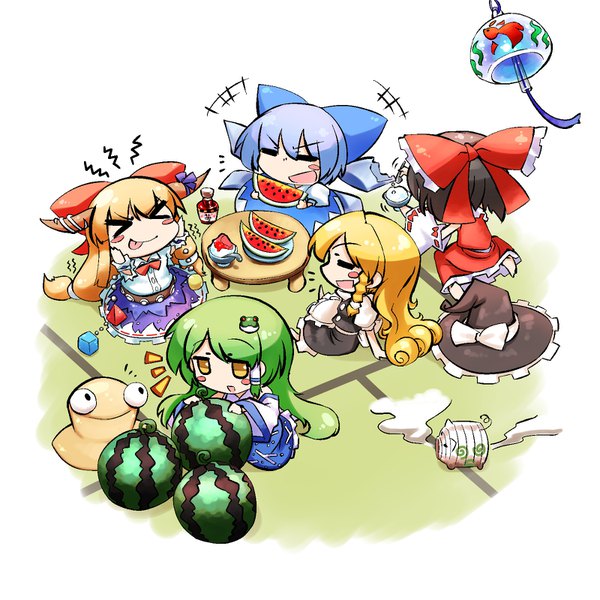 Anime picture 1600x1600 with touhou hakurei reimu kirisame marisa kochiya sanae cirno ibuki suika pyonta kashuu (b-q) long hair blush fringe short hair open mouth blonde hair simple background hair between eyes brown hair white background sitting multiple girls