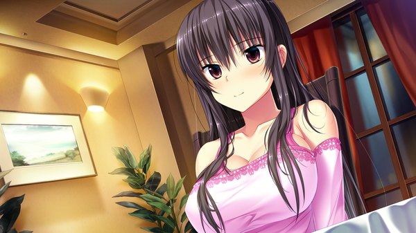 Anime picture 1280x720 with umisora no fragments kisame kuroki single long hair looking at viewer blush breasts light erotic black hair red eyes wide image large breasts bare shoulders game cg girl dress