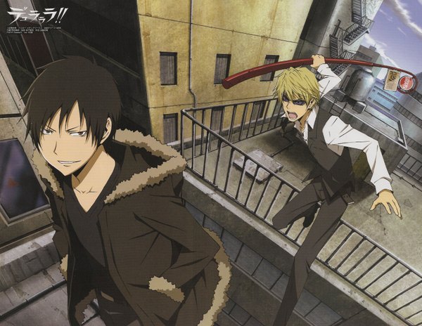 Anime picture 2995x2320 with durarara!! brains base (studio) orihara izaya heiwajima shizuo looking at viewer highres black hair blonde hair brown eyes scan open clothes official art open shirt jumping screaming boy glasses bowtie vest house
