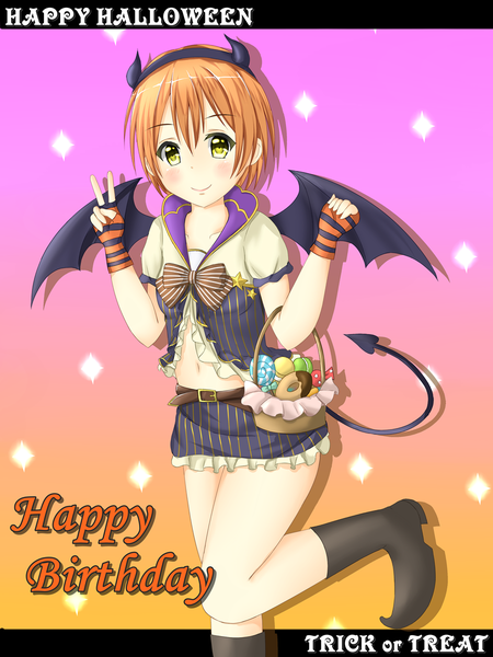 Anime picture 900x1200 with love live! school idol project sunrise (studio) love live! hoshizora rin tear yu single tall image blush fringe short hair smile yellow eyes tail horn (horns) orange hair halloween demon tail bat wings happy birthday happy halloween