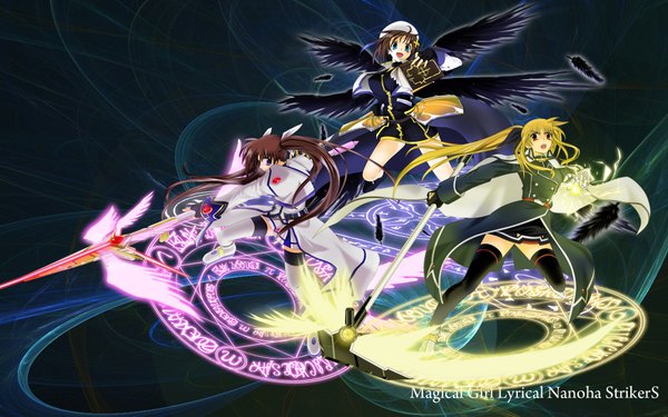 Anime picture 1920x1200 with mahou shoujo lyrical nanoha mahou shoujo lyrical nanoha strikers fate testarossa takamachi nanoha yagami hayate highres blue eyes blonde hair red eyes brown hair wide image purple eyes multiple girls magic girl weapon wings book (books) 3 girls feather (feathers)