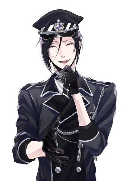 Anime picture 541x800 with kuroshitsuji a-1 pictures sebastian michaelis tagme (artist) single tall image fringe short hair open mouth black hair simple background smile hair between eyes red eyes white background upper body eyes closed fang (fangs) striped ^ ^