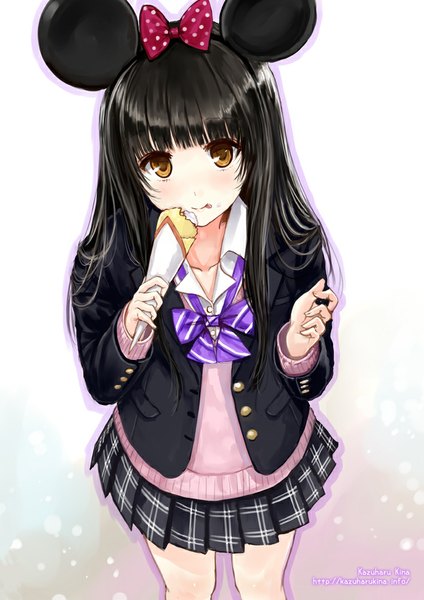 Anime picture 707x1000 with original kazuharu kina single long hair tall image looking at viewer black hair simple background brown eyes animal ears eating mouse ears girl uniform bow hair bow school uniform