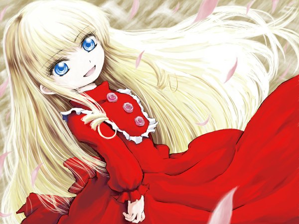 Anime picture 1024x768 with rozen maiden shinku long hair blue eyes blonde hair wallpaper petals iseki (otameshi)