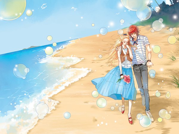 Anime picture 1100x825 with original daisy (artist) long hair short hair blonde hair red hair eyes closed couple beach striped half updo girl boy flower (flowers) bracelet sea pants bubble (bubbles) beads sneakers