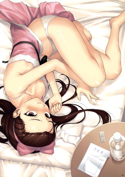 Anime picture 2115x3000 with idolmaster minase iori tanaka shoutarou long hair tall image looking at viewer blush highres breasts light erotic brown hair brown eyes ass lying barefoot bare legs on side upside down dress navel