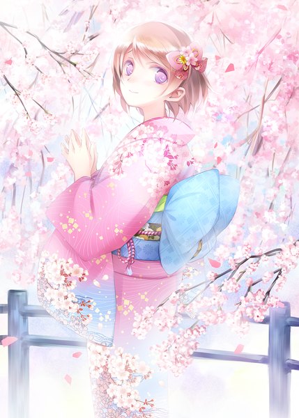 Anime picture 1000x1399 with love live! school idol project sunrise (studio) love live! koizumi hanayo jas (annkoromochi) single tall image looking at viewer short hair blonde hair purple eyes traditional clothes japanese clothes hair flower cherry blossoms girl hair ornament flower (flowers) plant (plants) petals