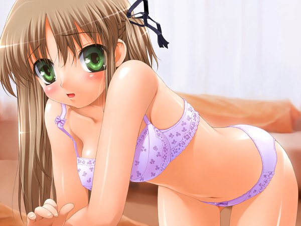 Anime picture 1600x1200 with ishikei single long hair looking at viewer blush open mouth light erotic brown hair green eyes underwear only girl underwear panties lingerie bra purple panties purple bra