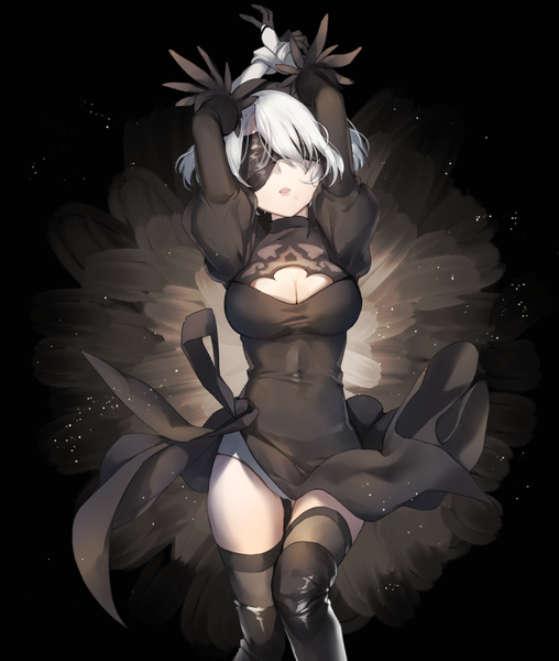 Anime picture 1000x1181 with nier nier:automata yorha no. 2 type b ice (ice aptx) single tall image short hair breasts open mouth light erotic simple background large breasts standing cleavage silver hair mole arms up sparkle puffy sleeves covered navel