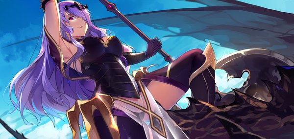 Anime picture 2109x1000 with fire emblem fire emblem fates camilla (fire emblem) baisi shaonian single long hair looking at viewer fringe highres light erotic smile red eyes wide image holding sky purple hair cloud (clouds) bent knee (knees) arm up hair over one eye