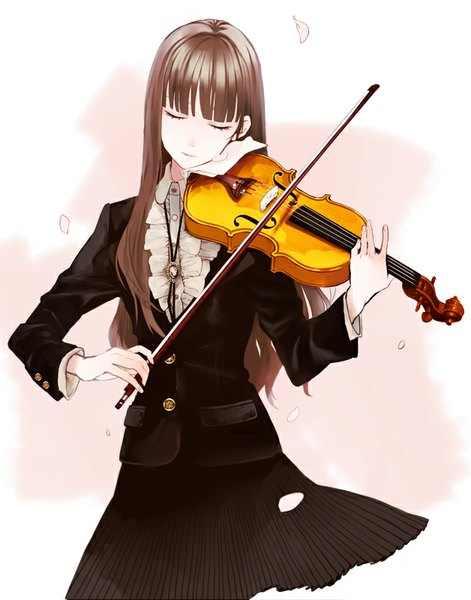 Anime picture 628x800 with original shikishima (eiri) single long hair tall image fringe brown hair eyes closed girl skirt petals buttons musical instrument ascot violin bow (instrument)