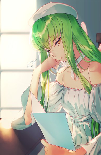 Anime picture 650x997 with code geass sunrise (studio) c.c. creayus single long hair tall image looking at viewer fringe hair between eyes sitting bare shoulders holding yellow eyes upper body green hair sunlight blurry off shoulder wide sleeves