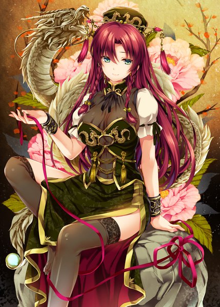 Anime picture 1504x2100 with touhou hong meiling moneti (daifuku) single long hair tall image looking at viewer blue eyes red hair braid (braids) fantasy girl thighhighs dress hair ornament flower (flowers) ribbon (ribbons) black thighhighs dragon