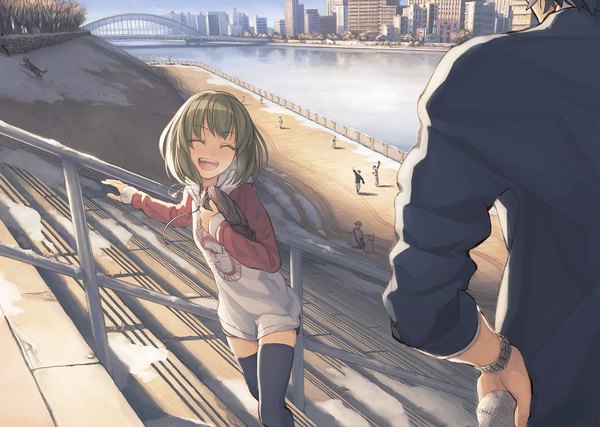 Anime picture 1510x1076 with idolmaster idolmaster million live! nagayoshi subaru turu fringe short hair open mouth smile outdoors eyes closed long sleeves green hair multiple boys teeth hand on hip city happy winter snow cityscape