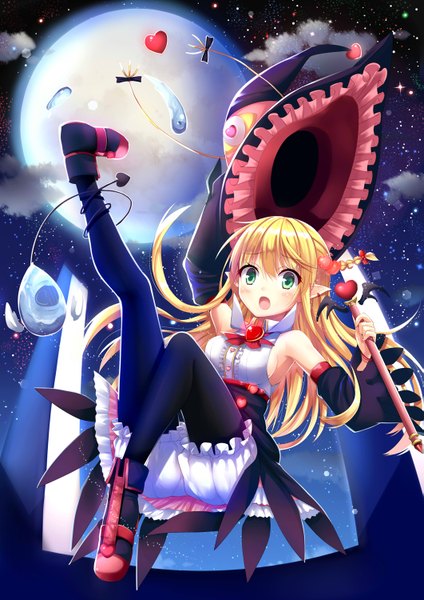Anime picture 1061x1500 with original aixioo single long hair tall image looking at viewer blush open mouth blonde hair green eyes pointy ears legs witch girl dress gloves elbow gloves boots moon witch hat