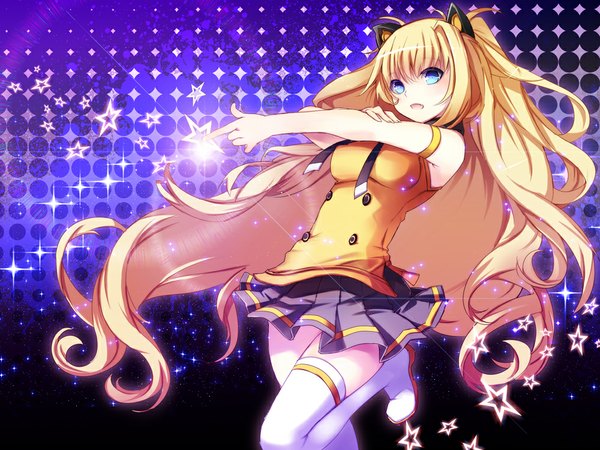 Anime picture 1000x750 with vocaloid seeu yuuki kira single long hair open mouth blue eyes blonde hair animal ears cat ears girl thighhighs miniskirt white thighhighs star (symbol)