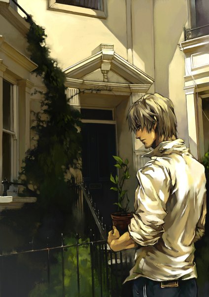 Anime picture 1000x1414 with shibue single tall image short hair blue eyes brown hair looking back back plant (plants) building (buildings) stairs fence house