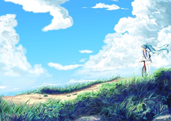 Anime picture 1980x1409 with vocaloid hatsune miku hopper single long hair highres smile twintails sky cloud (clouds) aqua eyes aqua hair landscape girl thighhighs ribbon (ribbons) plant (plants) hair ribbon white thighhighs grass