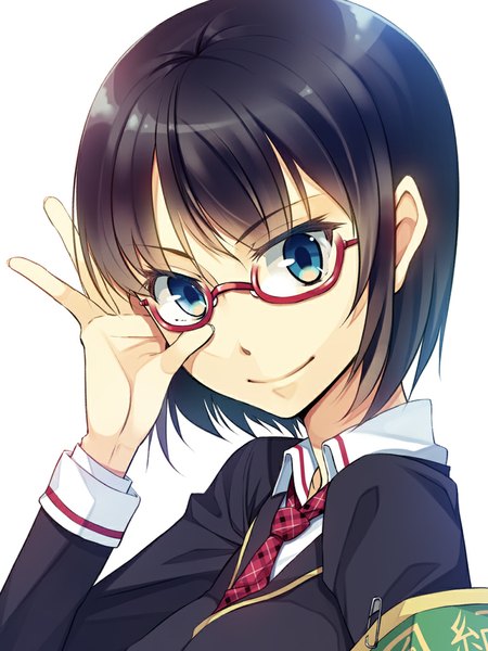 Anime picture 771x1029 with original hoshi ichi single tall image looking at viewer short hair blue eyes black hair simple background smile white background face girl uniform school uniform glasses necktie armband