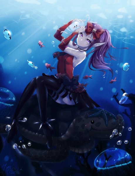 Anime picture 1000x1304 with dragon nest archer (dragon nest) lil-pandaa single long hair tall image looking at viewer sitting purple eyes bare shoulders purple hair ponytail pointy ears underwater girl thighhighs dress bow black thighhighs hair bow