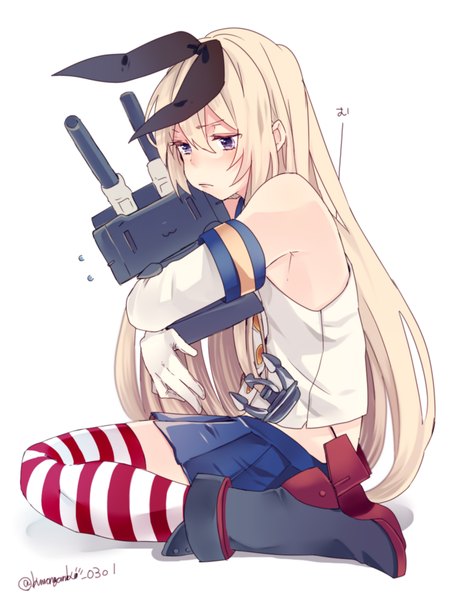 Anime picture 1050x1400 with kantai collection shimakaze destroyer rensouhou-chan kuronyanko long hair tall image blonde hair white background sitting purple eyes bare shoulders looking away pleated skirt hug kneeling :3 girl thighhighs skirt gloves