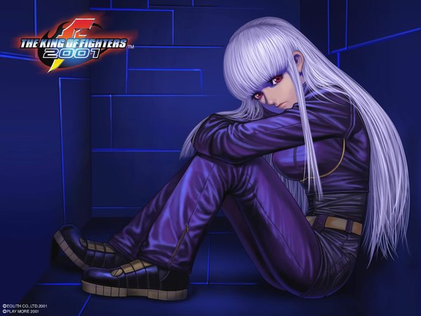 Anime picture 1024x768 with the king of fighters snk kula diamond single long hair looking at viewer red eyes blue hair full body blue background sad girl boots suit