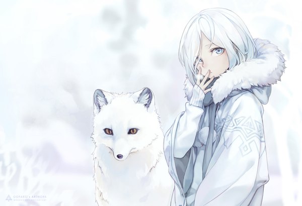 Anime picture 1280x875 with original oopartz (grooooovy) looking at viewer fringe short hair signed silver hair hair over one eye fur trim covered mouth silver eyes girl animal fur hood pom pom (clothes) winter clothes fox