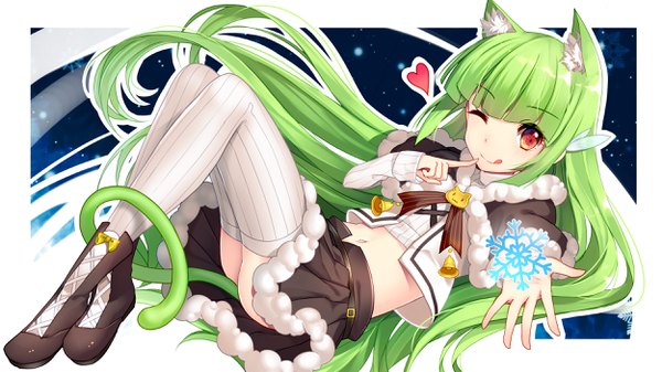 Anime picture 2500x1406 with os-tan moegirlpedia-tan bison cangshu single long hair looking at viewer fringe highres light erotic red eyes wide image animal ears full body tail long sleeves animal tail one eye closed green hair cat ears midriff