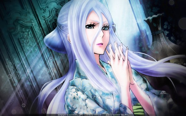 Anime picture 1920x1200 with bleach studio pierrot sode no shirayuki single long hair highres blue eyes wide image white hair traditional clothes japanese clothes girl kimono bubble (bubbles)