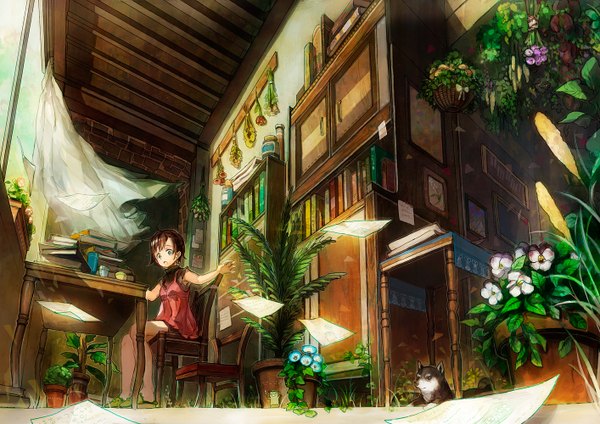 Anime picture 1414x1000 with original neyagi short hair open mouth blue eyes brown hair sitting wind girl flower (flowers) plant (plants) book (books) chair table paper dog room