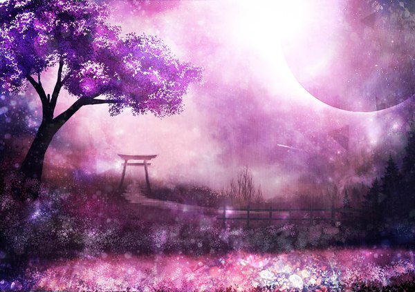 Anime picture 1700x1200 with original akyuun outdoors blurry lens flare no people scenic shiny red moon eclipse flower (flowers) plant (plants) tree (trees) moon fence torii flower field path