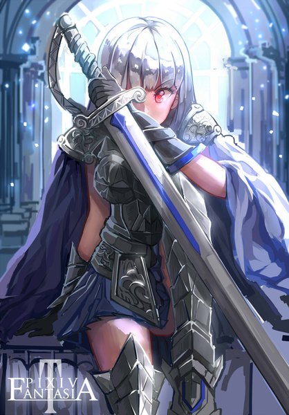 Anime picture 1500x2150 with original pixiv fantasia pixiv fantasia t hunxiao xingshuang single long hair tall image fringe breasts red eyes looking away silver hair pleated skirt arm support glow girl skirt weapon sword armor