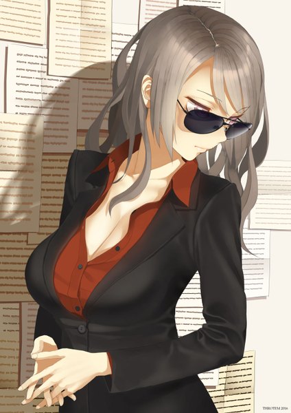 Anime picture 1000x1414 with original throtem single long hair tall image breasts light erotic large breasts purple eyes signed cleavage grey hair shadow looking down open collar interlocked fingers formal 2016 girl shirt